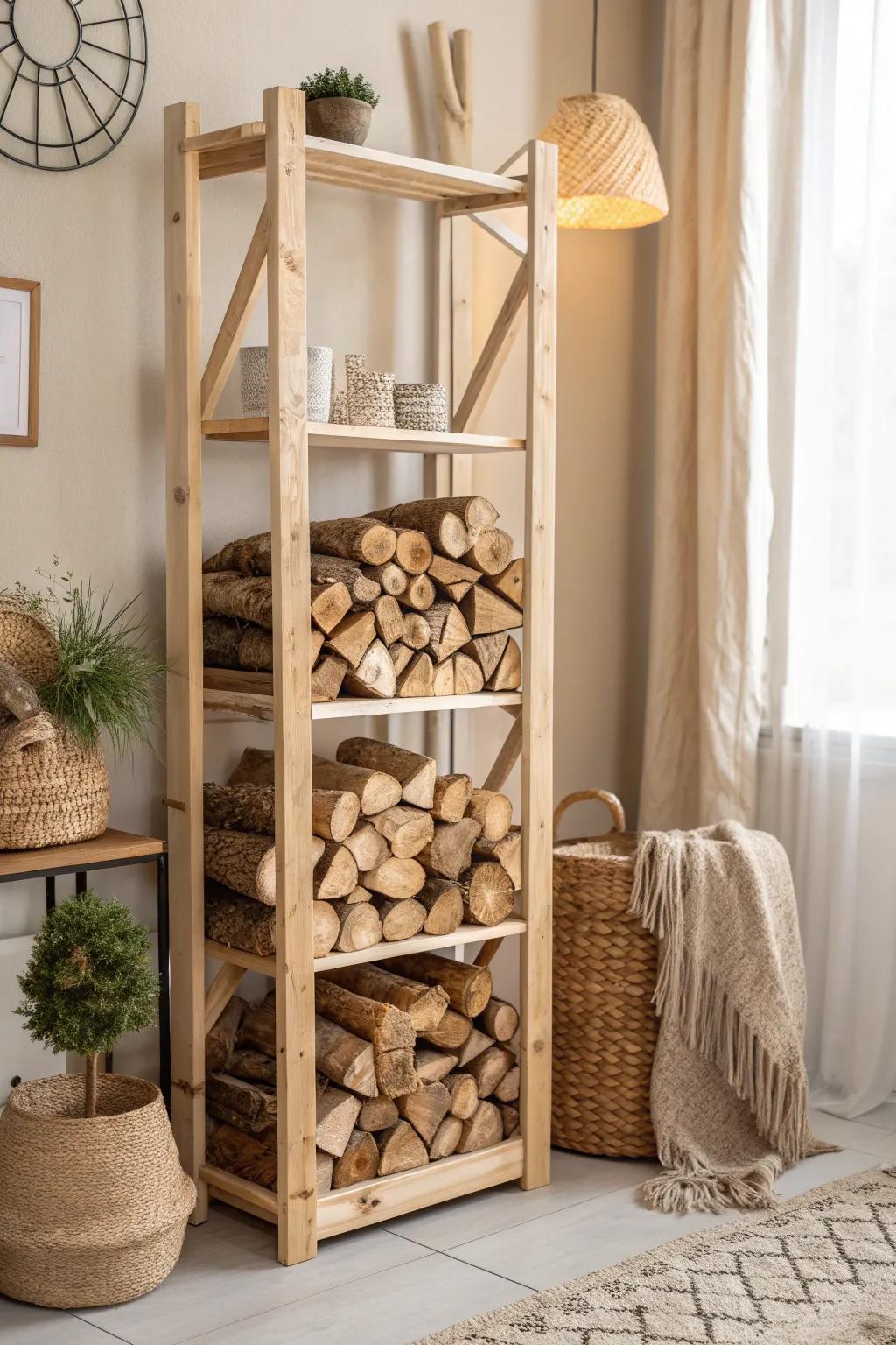 Elevate your space with this chic firewood shelving unit—where organization meets cozy elegance.