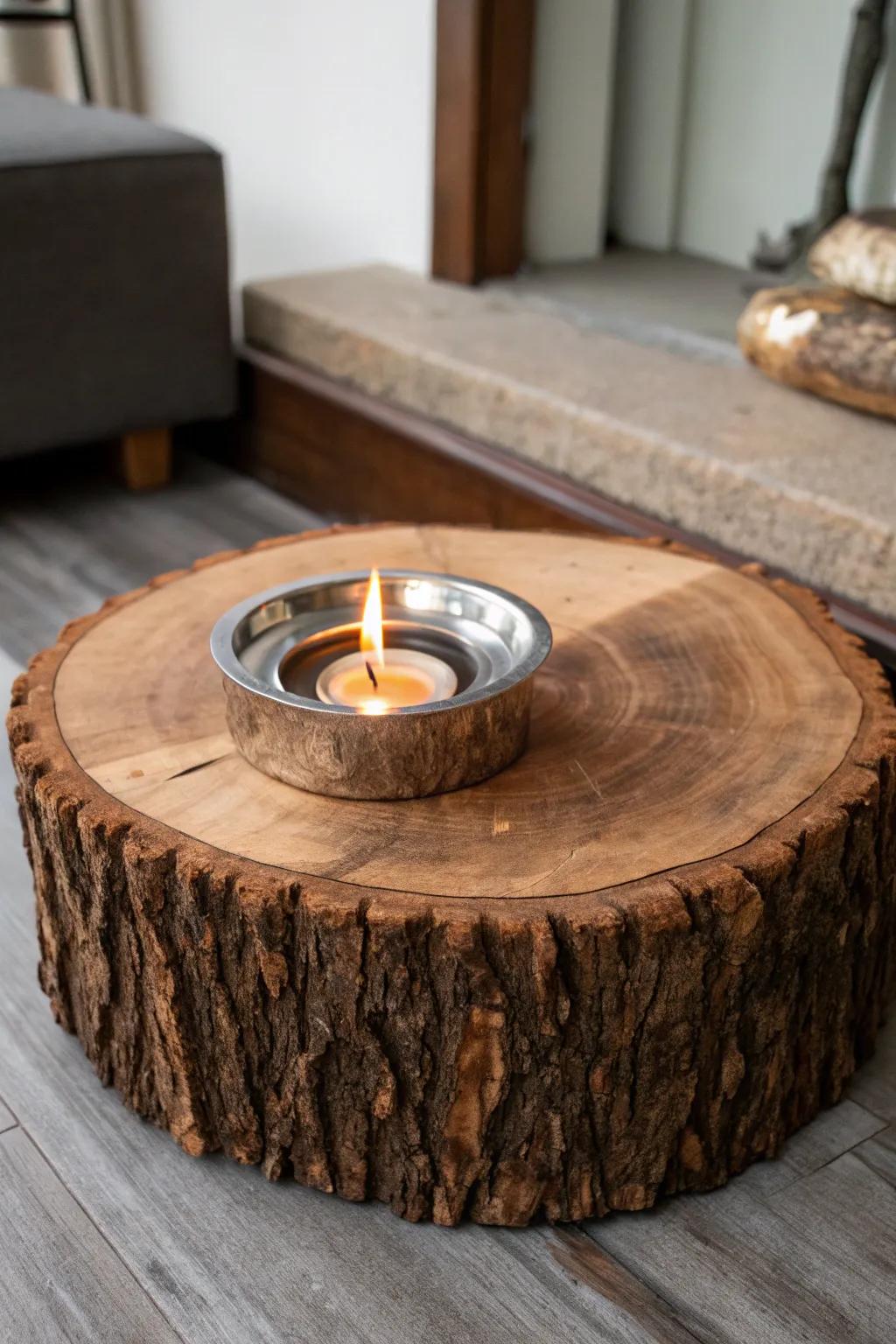 Ignite your space with rustic elegance: a handcrafted log slice fire display.