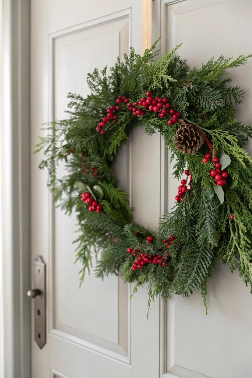 Welcome the festive spirit with a handcrafted evergreen wreath, perfect for adding a natural touch to any space.
