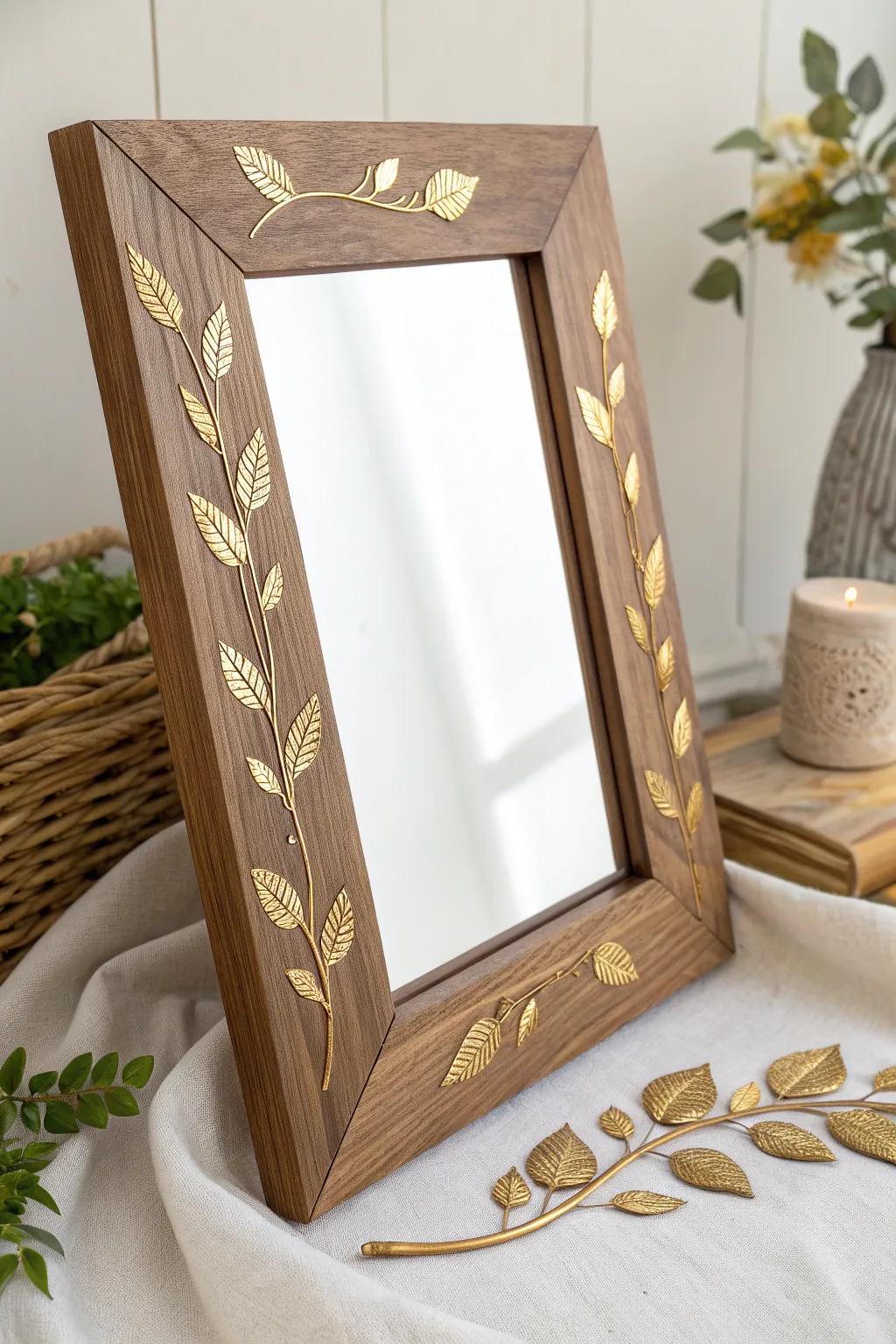 Elevate your space with the timeless elegance of a gold leaf-adorned mirror frame, where minimalist design meets Art Deco glamour.