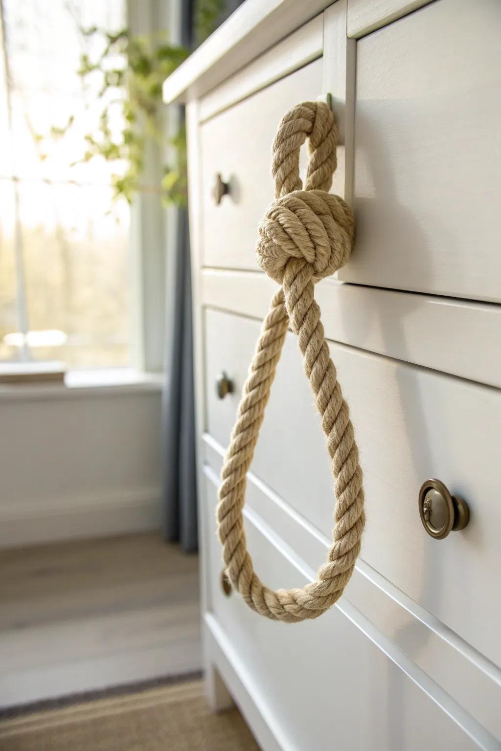 Transform your dresser with a nautical twist using handcrafted rope knobs for a touch of coastal charm.