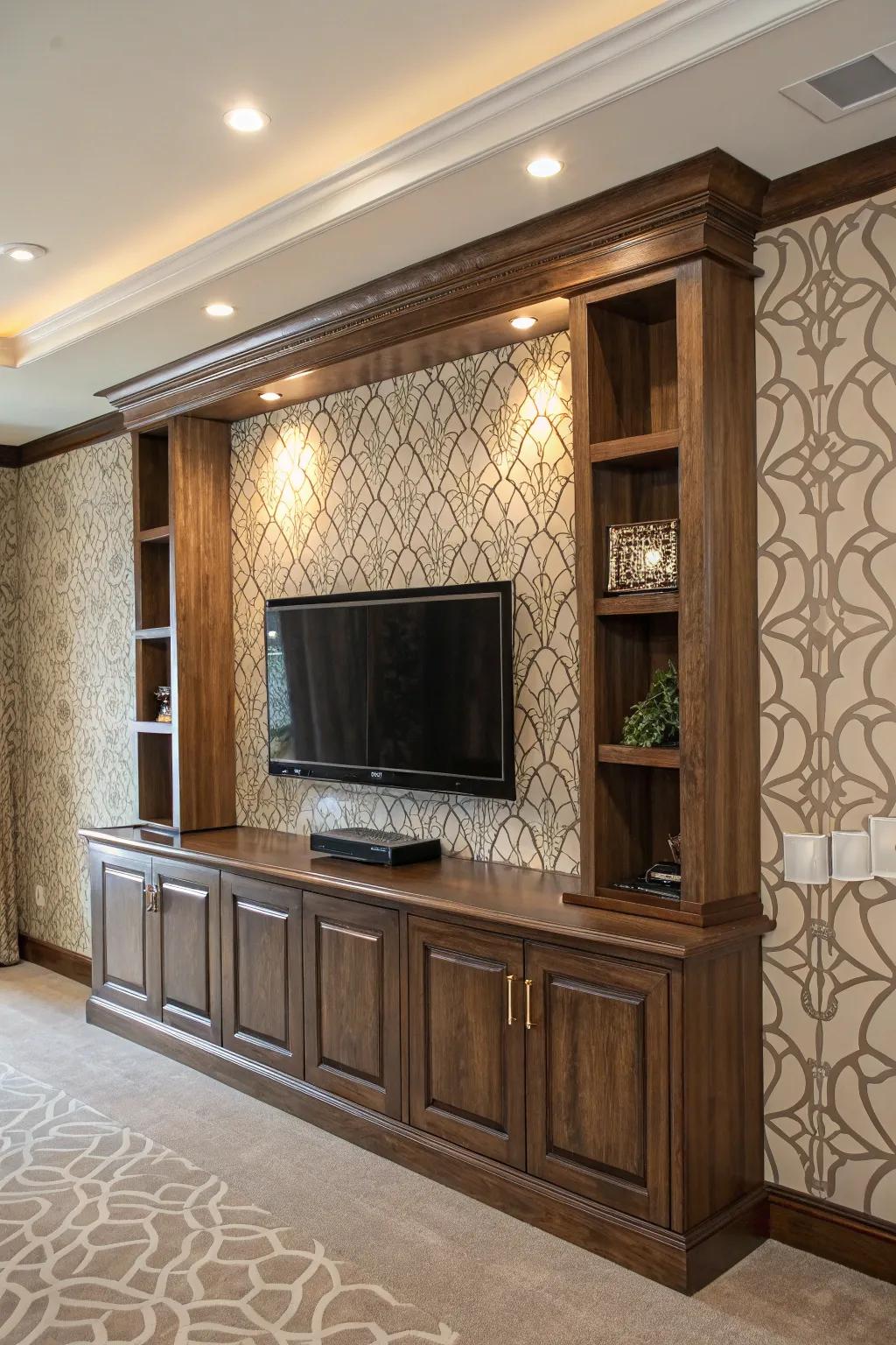 Elevate your entertainment space with the charm of patterned wallpaper, blending craftsmanship with modern style.