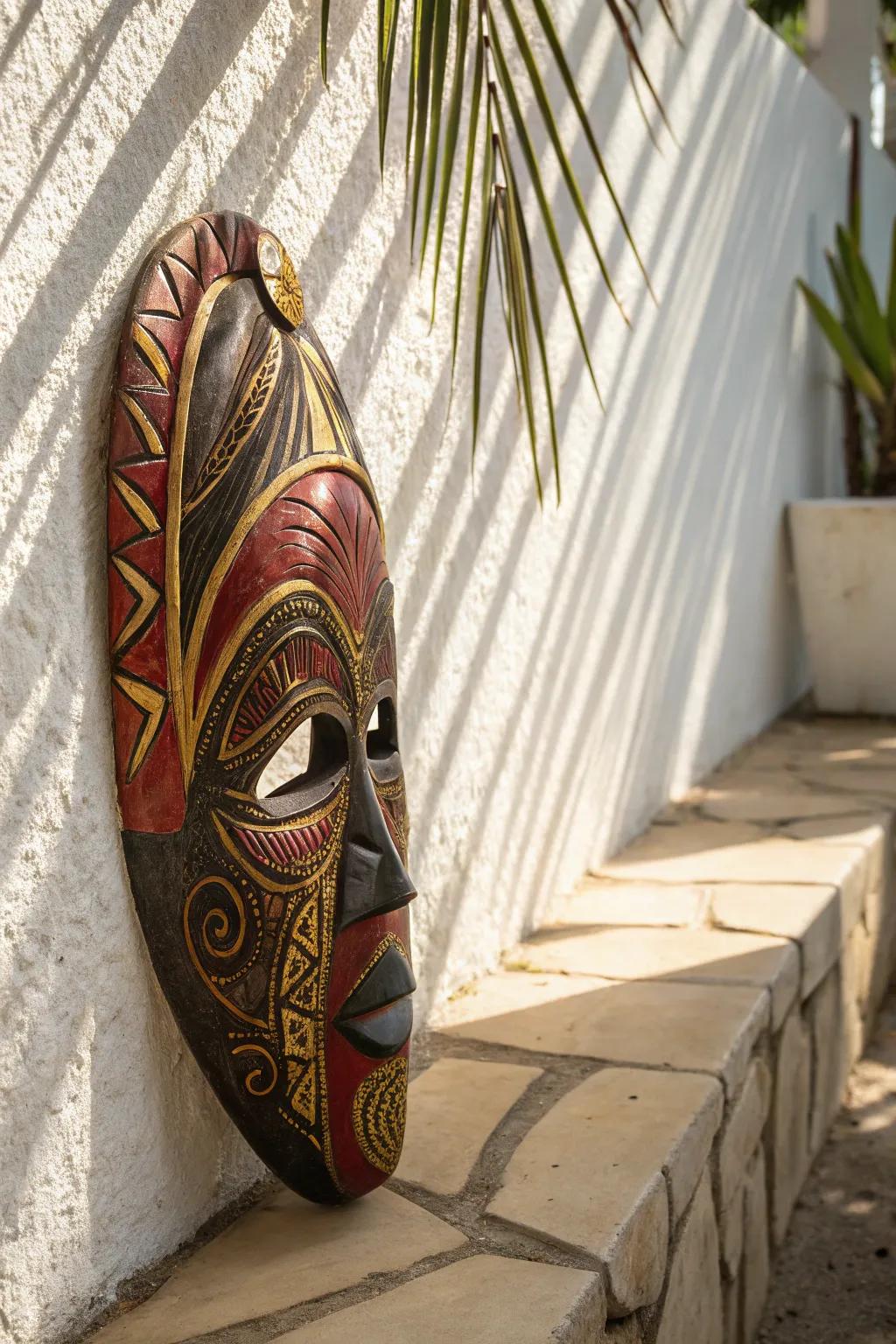 Discover the beauty of cultural color palettes with this handcrafted African mask, where minimalism meets vibrant tradition.
