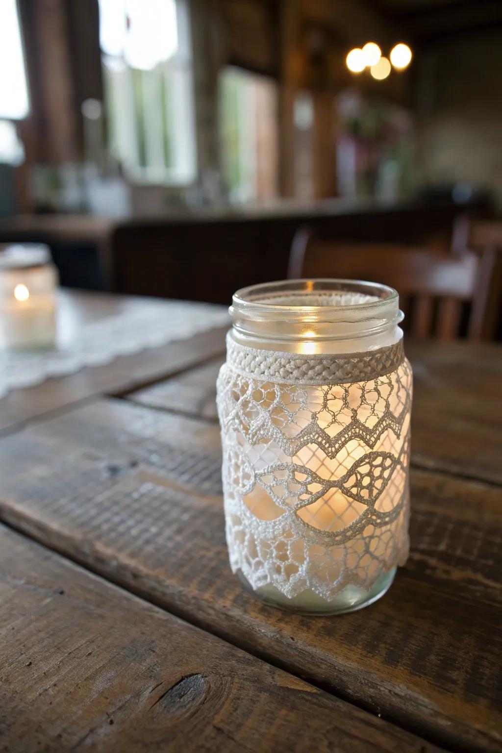 Transform your space with vintage-inspired lace mason jars—an elegant touch of DIY craftsmanship.