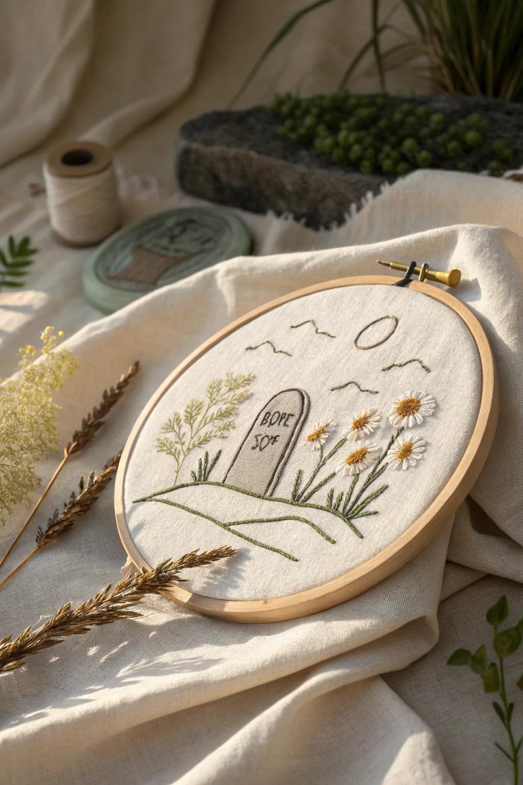 Crafting serenity: Embrace the simplicity and elegance of Scandinavian design with this stunning embroidery hoop art, capturing the timeless message of hope and renewal.