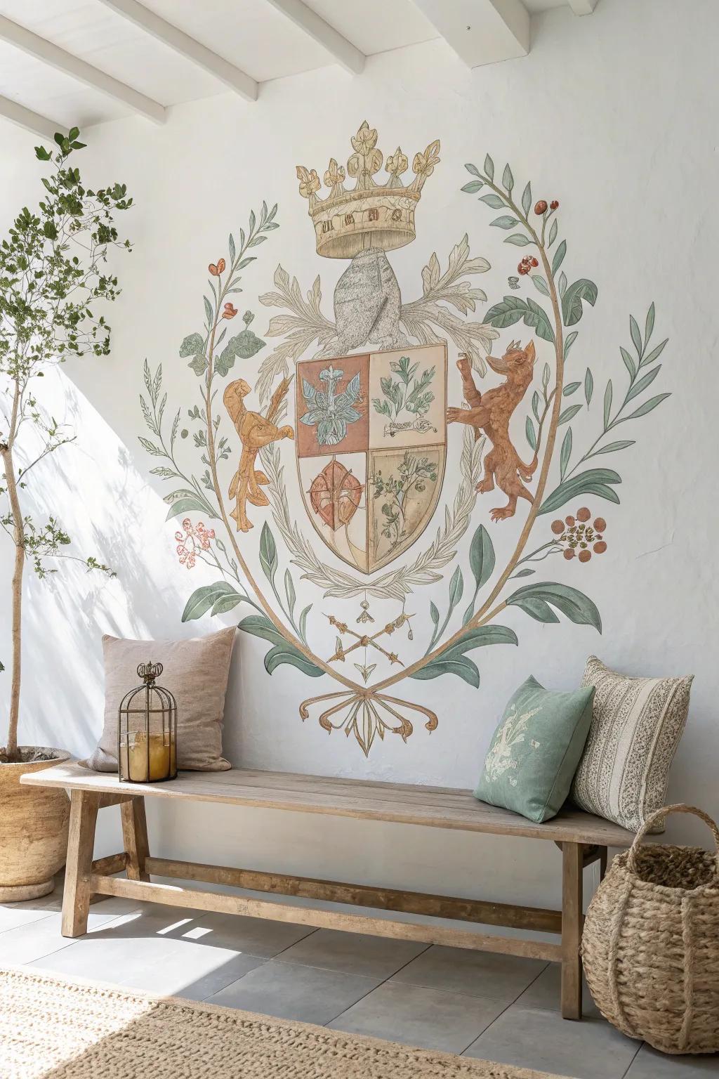 Transform your space with a bespoke family crest mural that elegantly combines tradition with minimalist beauty.