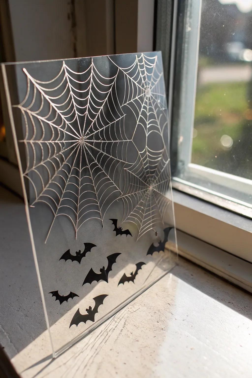 Crafting Shadows: Intricate laser-engraved spider webs and bats for a hauntingly beautiful window display.