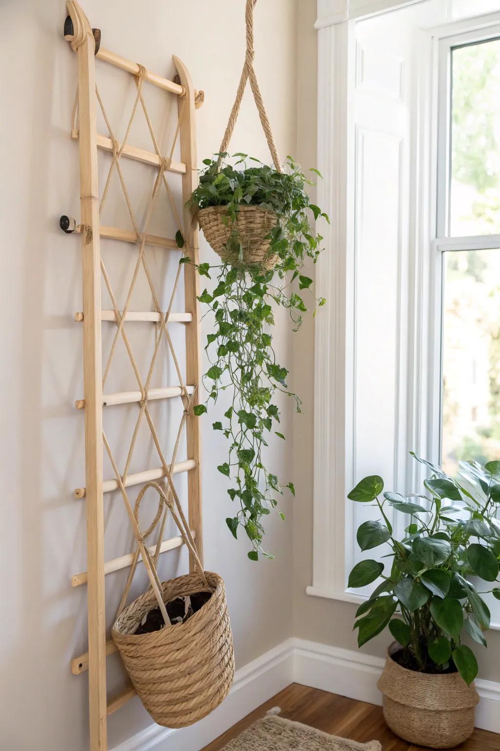 Elevate your space with a touch of nature: a beautifully crafted hanging basket trellis.