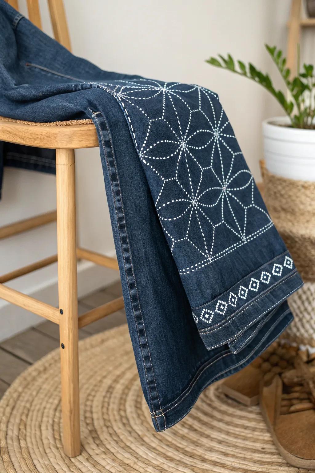 Elevate your denim game with exquisite Sashiko stitching for a unique, handcrafted touch.