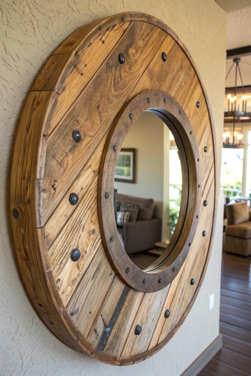 Transform rustic into refined with this stunning spool top mirror frame.