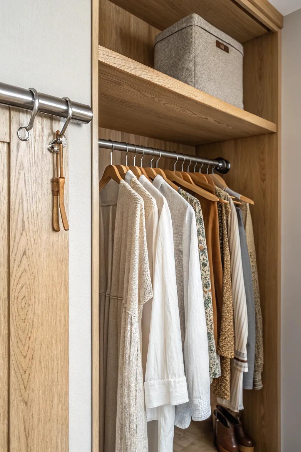 Transform your small closet with a touch of Scandinavian-Boho charm using tension rods for perfect organization.