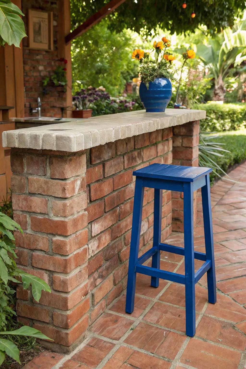 Add a splash of color to your outdoor bar with a vibrant stool – where craftsmanship meets character.