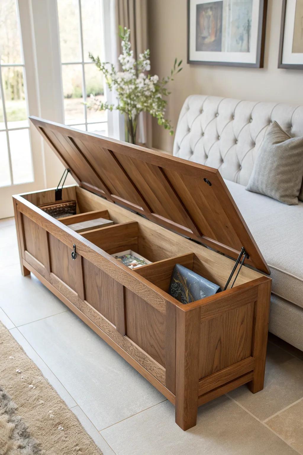 Discover the art of hidden storage with this expertly crafted bench — where style meets functionality.