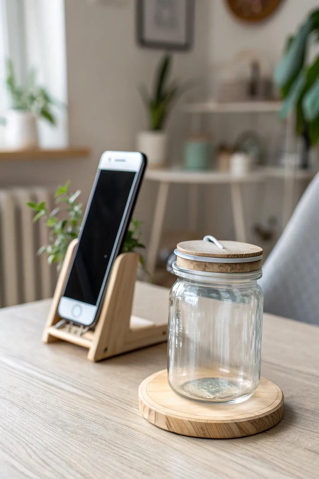 Transform simplicity into elegance with a glass jar phone stand.