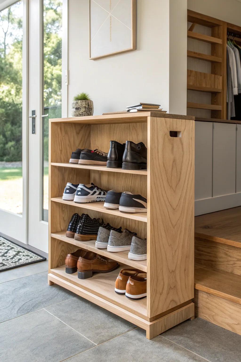 Elevate your entryway with this stylish plywood shoe rack, where form meets function.