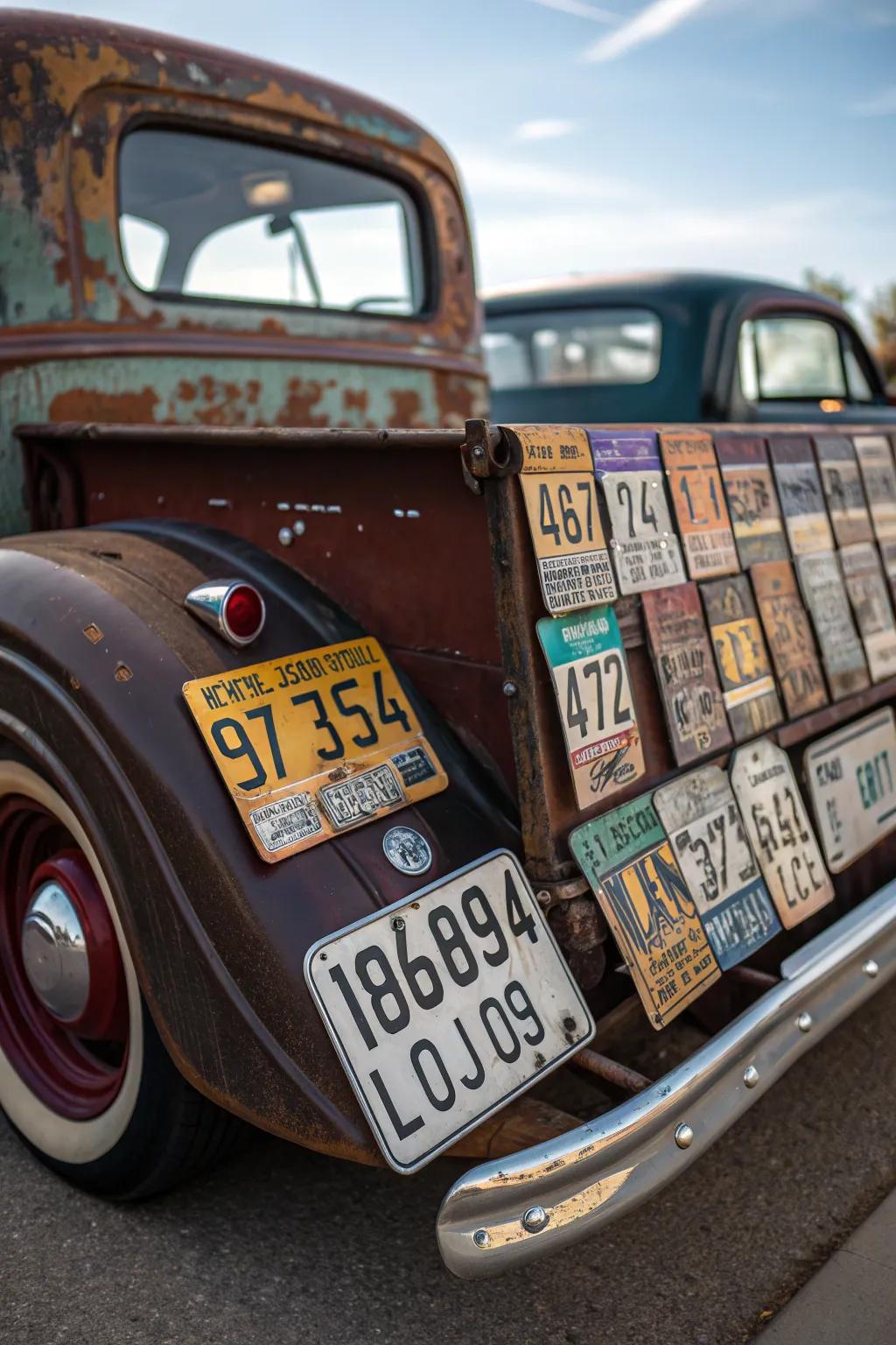 Transform your rat rod truck bed into a tapestry of stories with a vintage license plate collection.