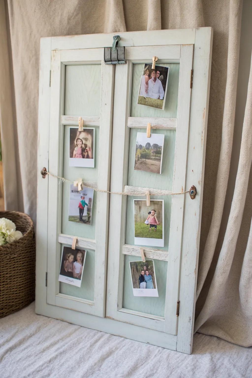 Transform memories with minimalist charm: A rotating family photo display on a repurposed cabinet door.