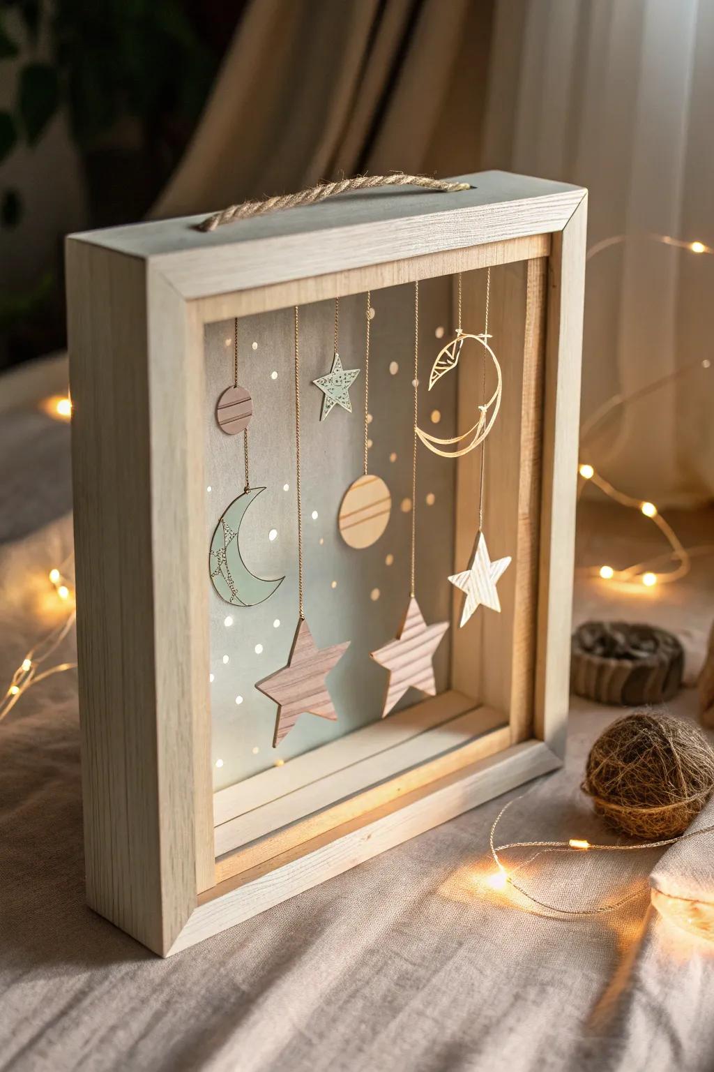 Explore the cosmos with minimalist elegance in this celestial shadow box art. ✨🌌