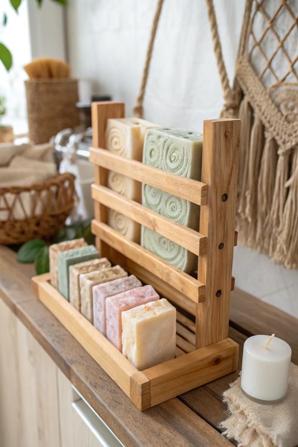 Transform rustic pallets into an elegant soap-curing station, where simplicity meets natural beauty.