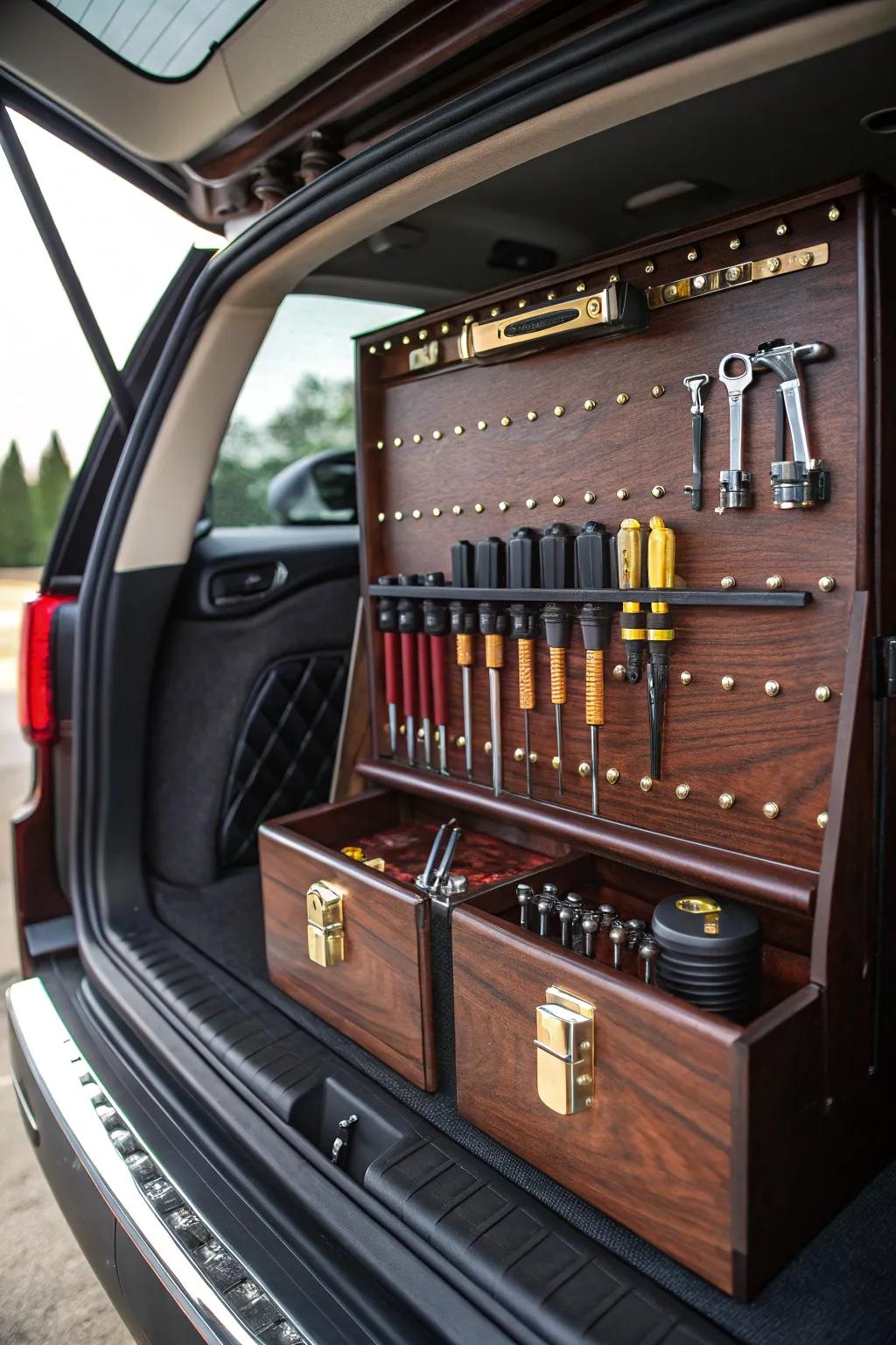 Transform your SUV into a mobile workshop with this elegant DIY pegboard system, where craftsmanship meets functionality.