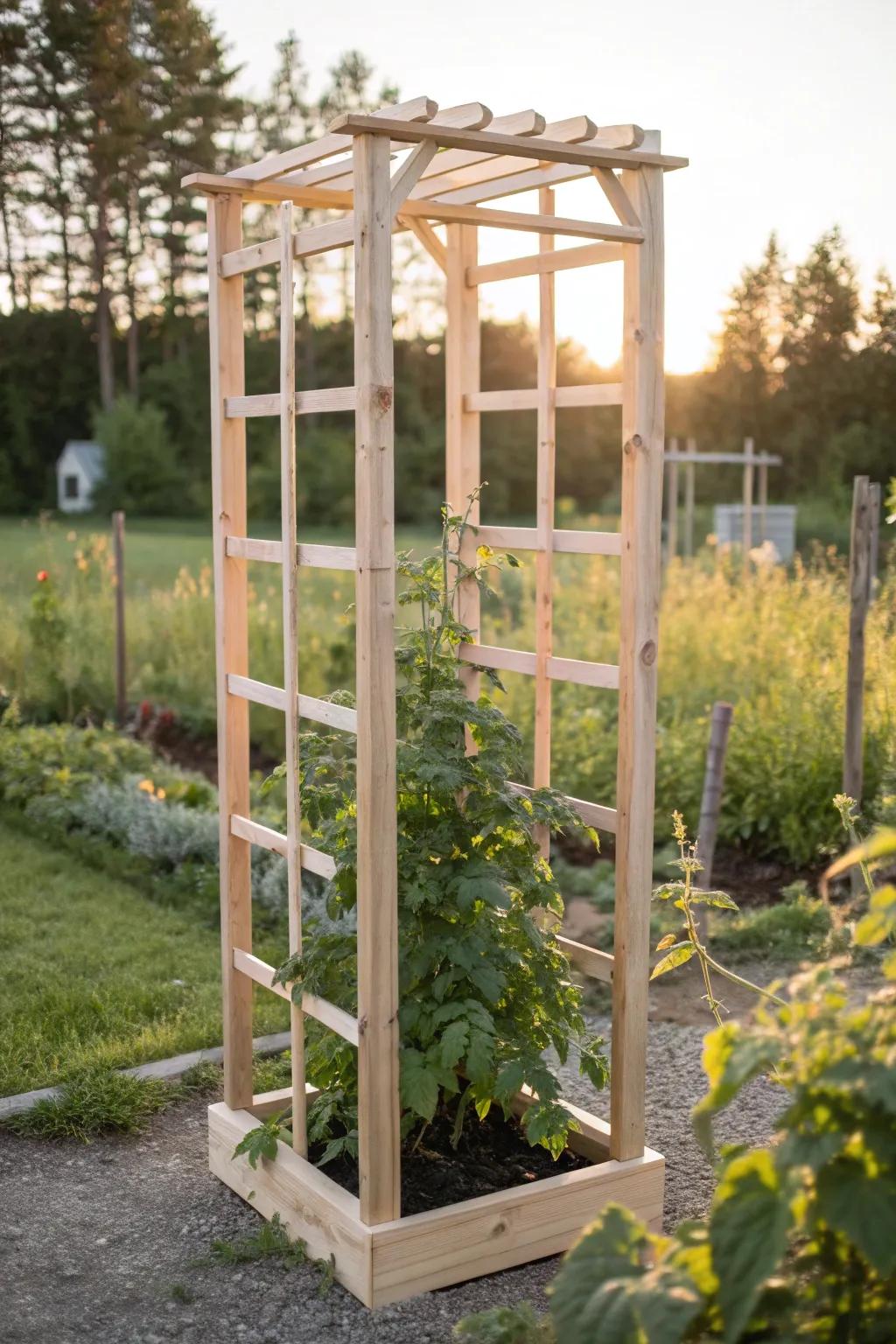 Embrace elegance and versatility with this freestanding tomato trellis, a perfect blend of minimalist design and natural beauty.