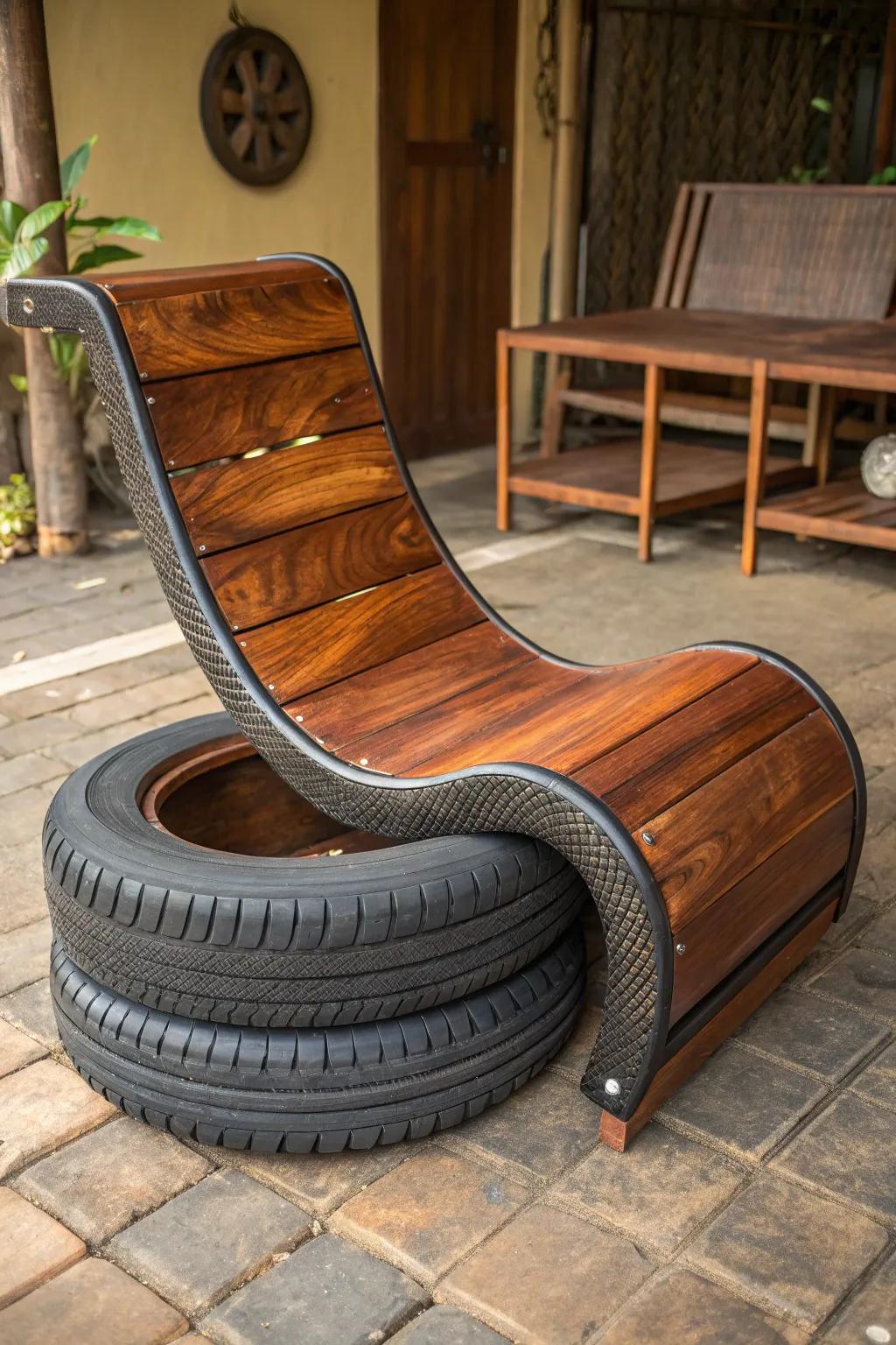 Elevate your patio with this eco-friendly tire lounge featuring a sleek built-in table, perfect for style and functionality.