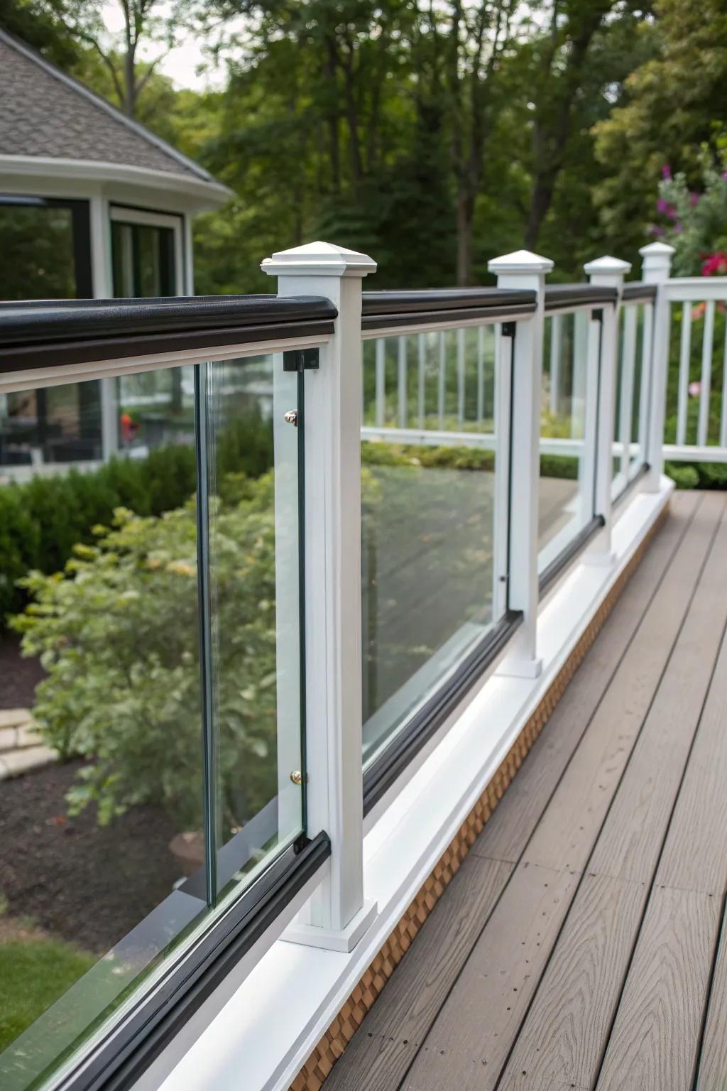 Unobstructed beauty: Vinyl railings with glass panels for the perfect view.