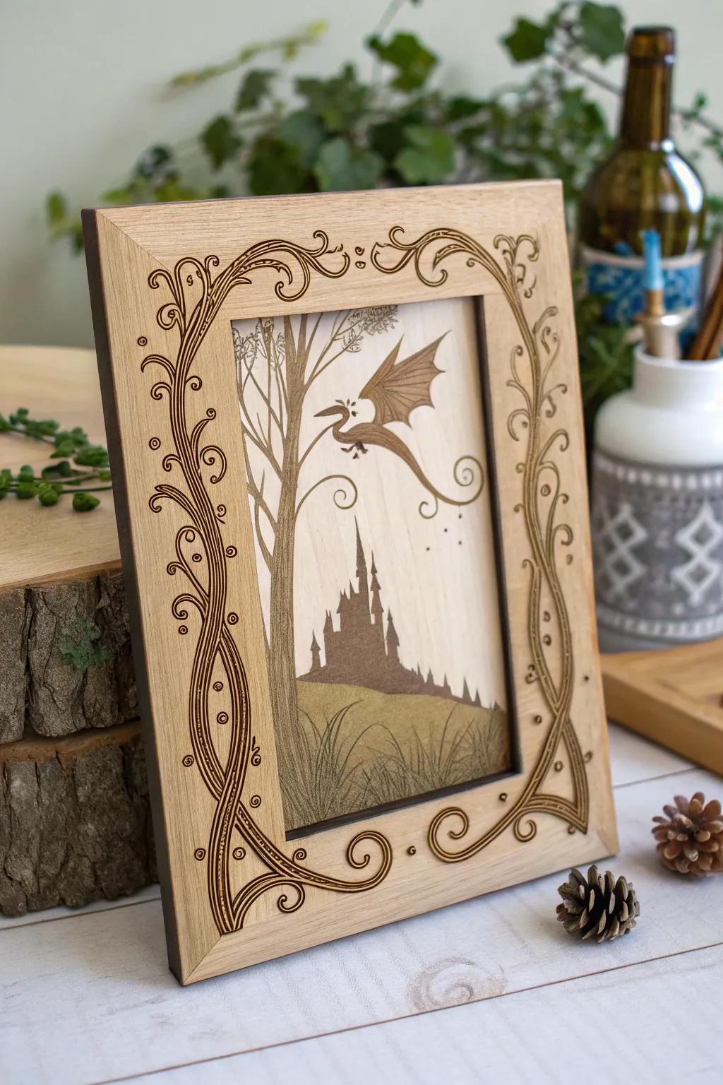 Transform your memories into a fairytale with this enchanting wood-burned frame, where craftsmanship meets fantasy.