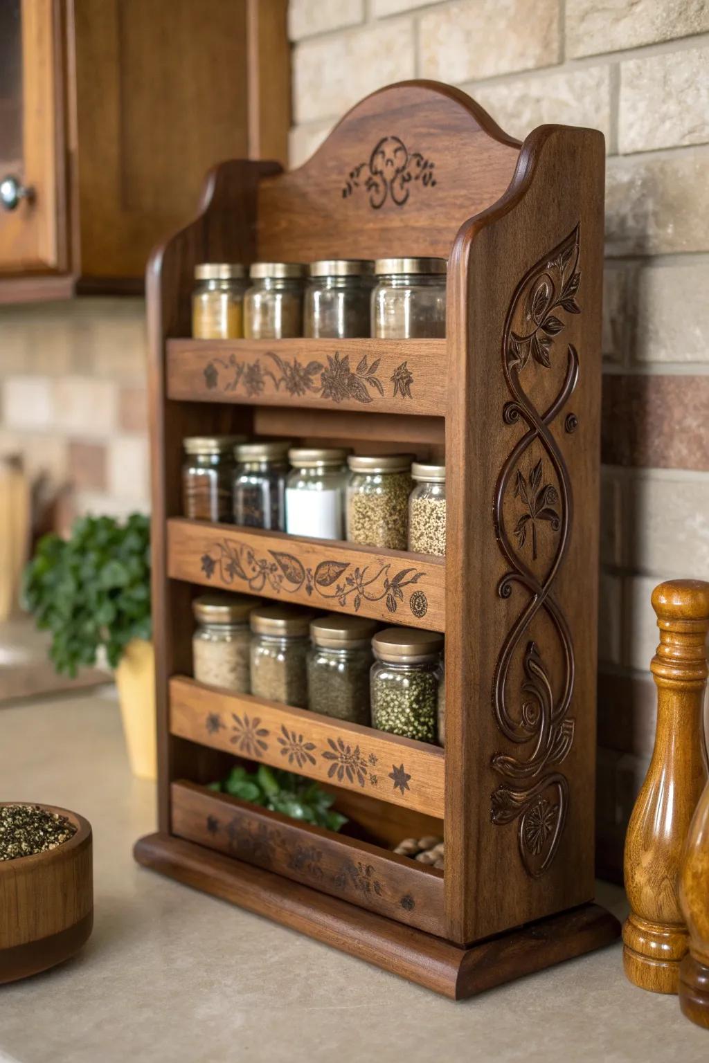 Craftsmanship at its finest: personalize your spice rack for a touch of elegance and family pride.
