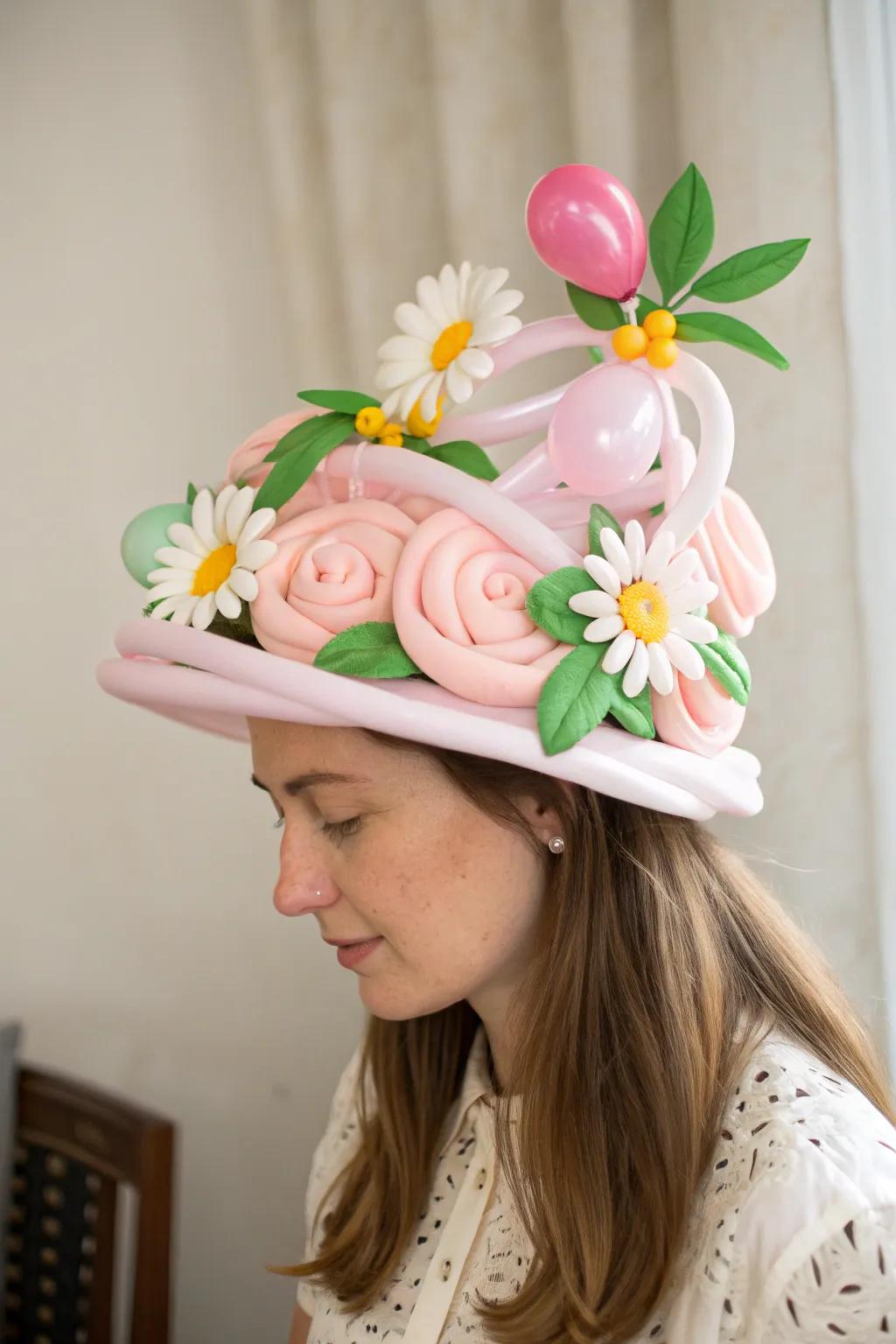 Elevate your style with a garden-inspired balloon hat, where nature's charm meets playful elegance.