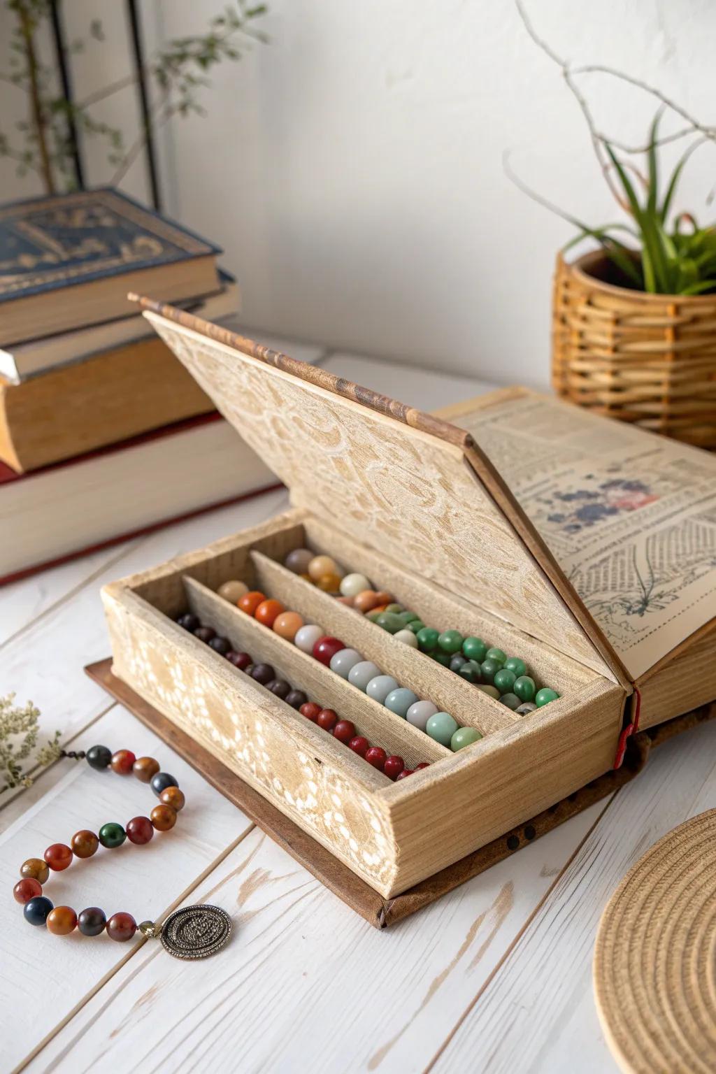 Hide your beads in style with a charming hollow book—where organization meets elegance.