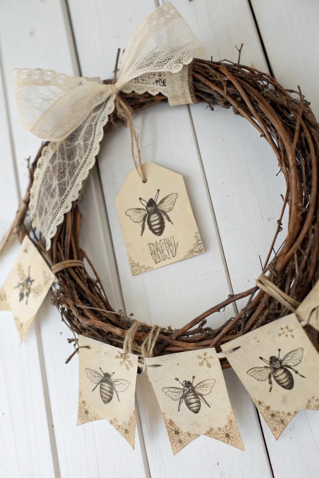 Embrace the charm of yesteryears with this vintage-inspired bee wreath, where nostalgia meets natural beauty.