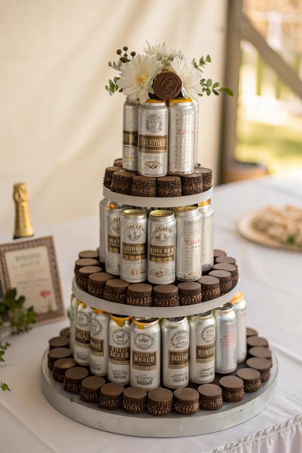 Elevate your celebration with a stunning beer cake tower, adorned with sweet edible delights for a touch of elegance.