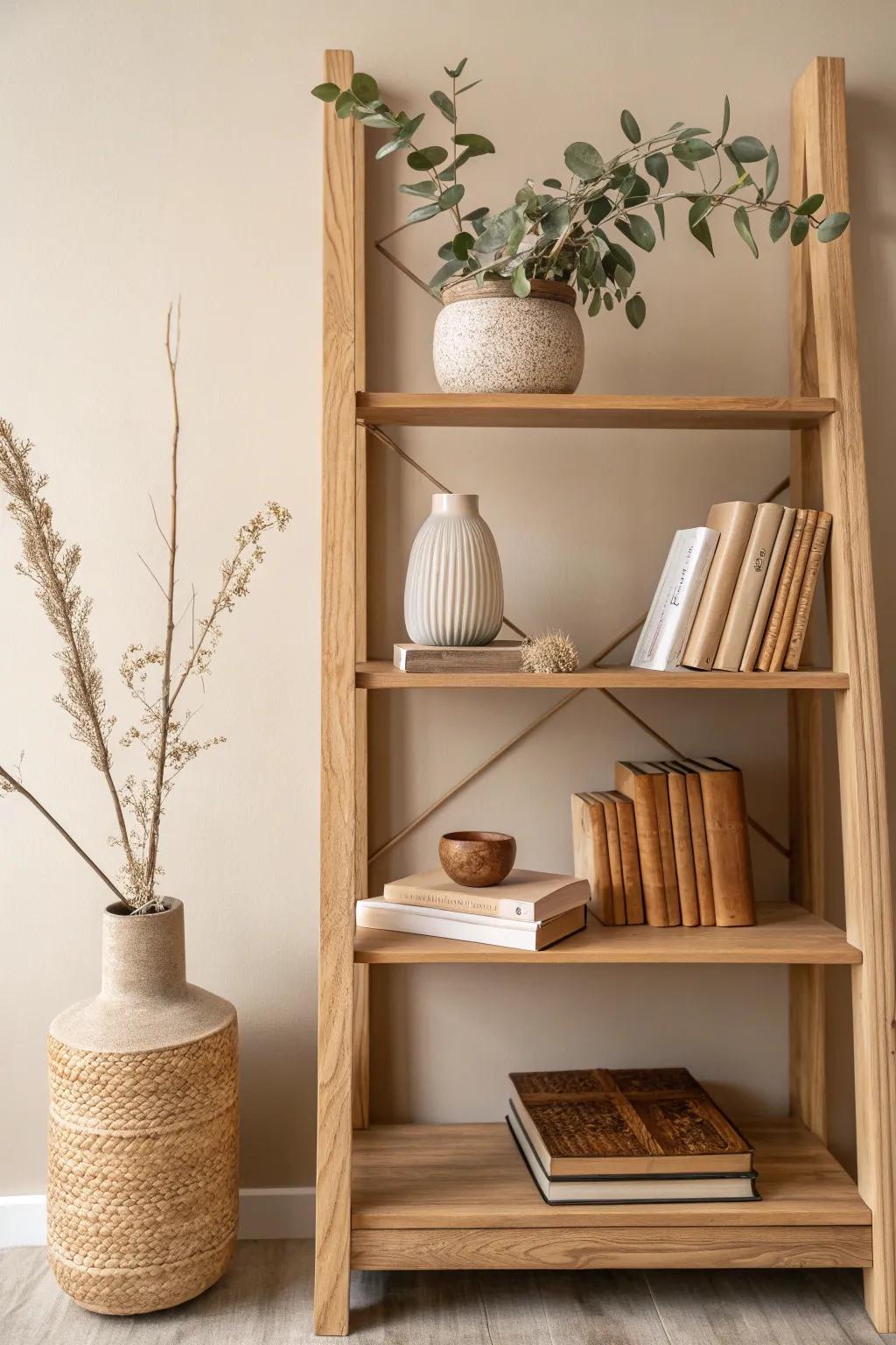 Elevate your bookshelf style with a playful diagonal arrangement that embraces simplicity and natural beauty.