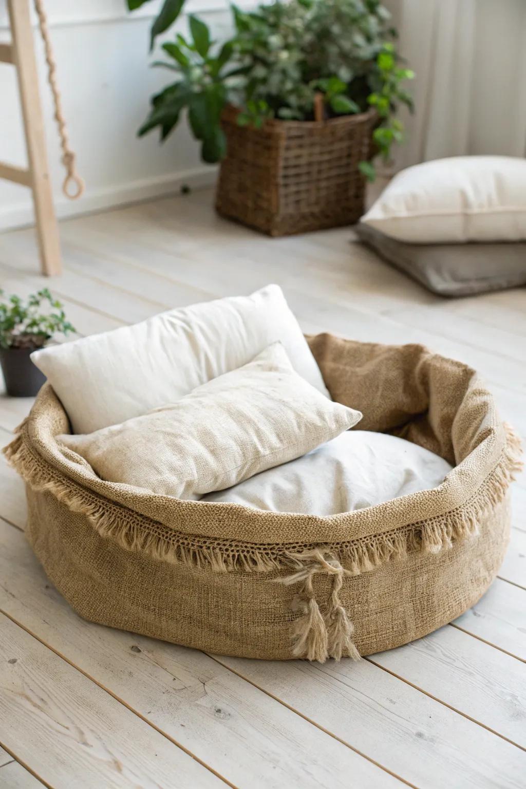 Transform a simple burlap sack into a chic and comfy haven for your furry friend!