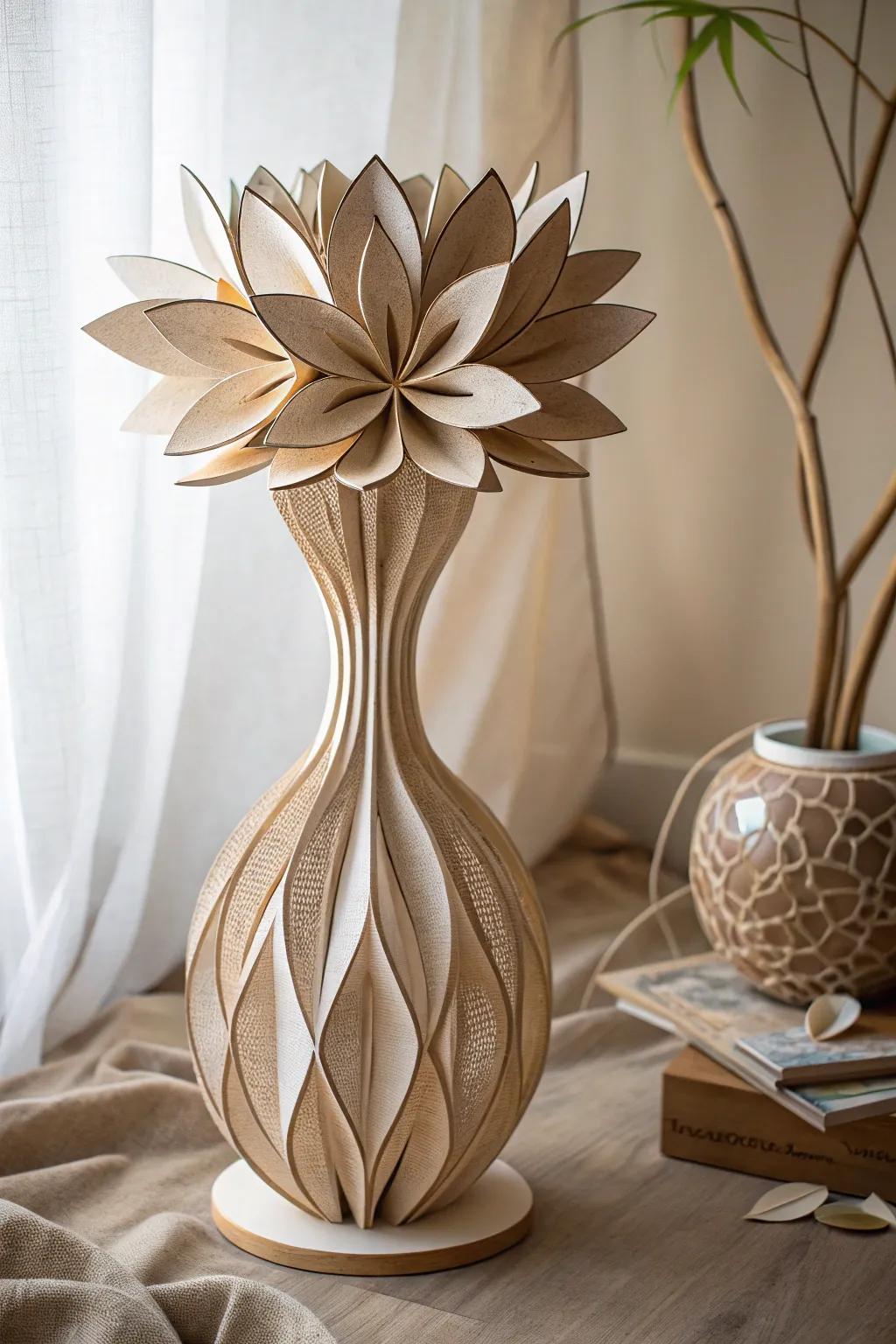 Unleash your creativity with this stunning avant-garde floral sculpture made from cardboard—where simplicity meets artistry.