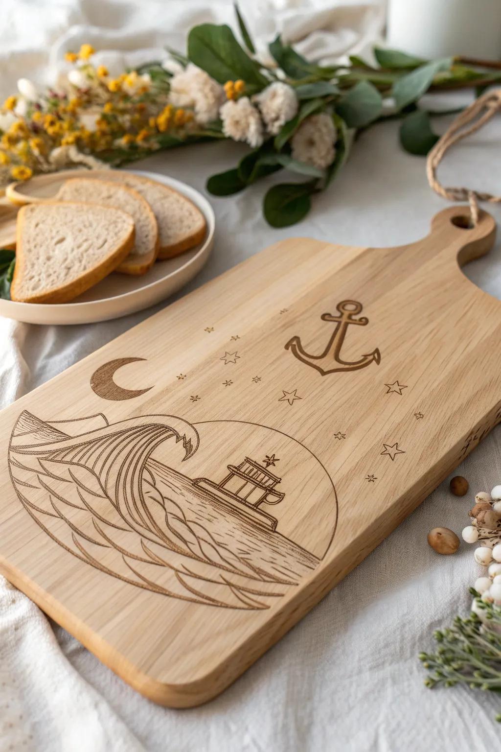 Bring ocean vibes to your kitchen with this stunning engraved charcuterie board. Perfect for beach lovers who appreciate craftsmanship and minimalist design.