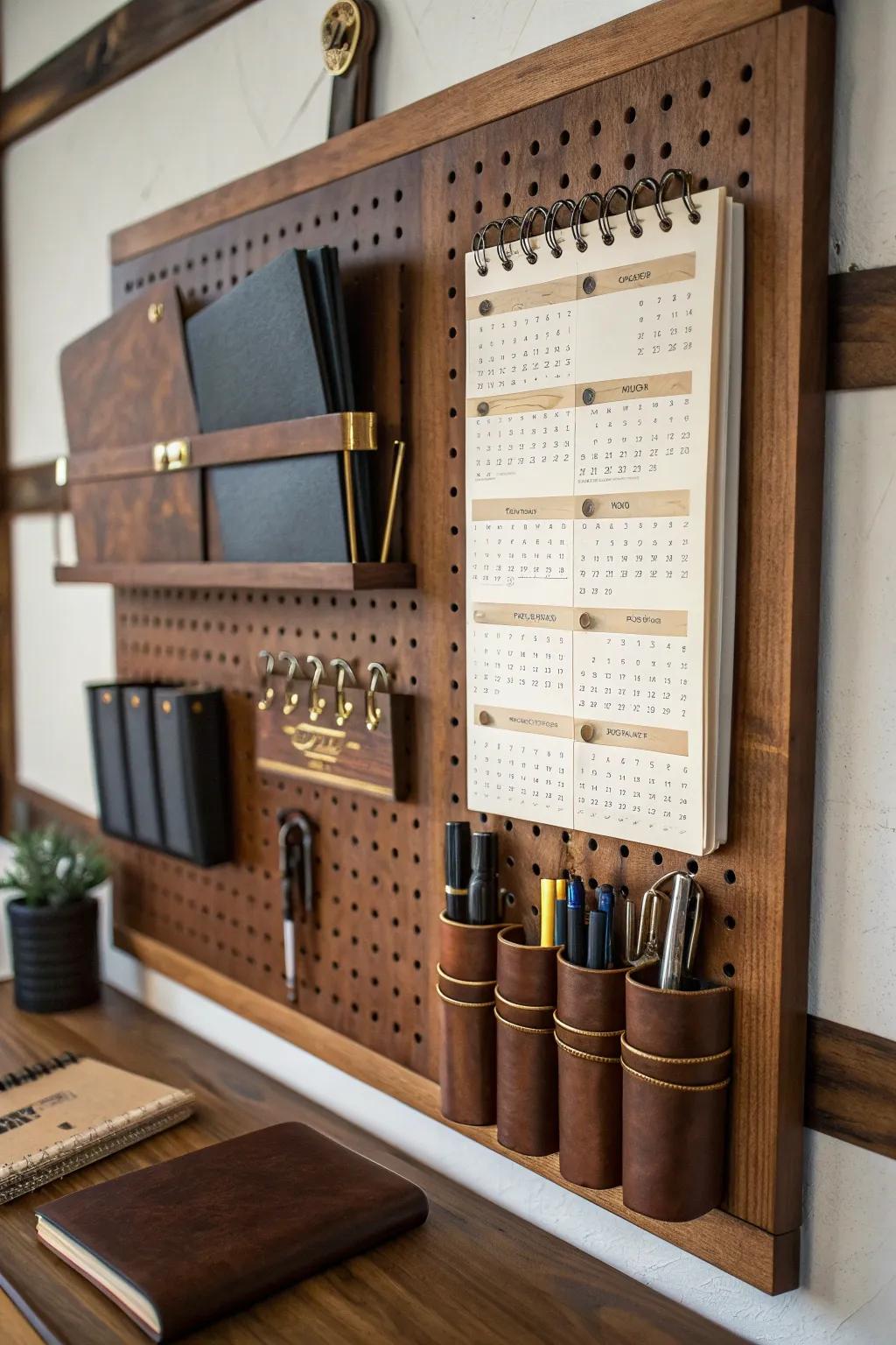 Elevate your organization game with a handcrafted pegboard calendar center that marries functionality and style.