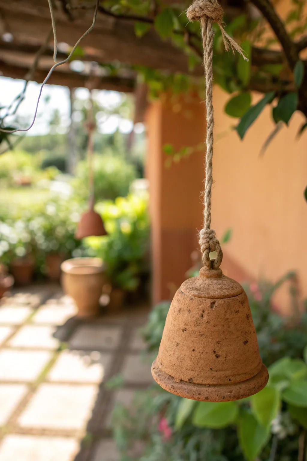Embrace tranquility with the gentle chime of rustic clay bells, adding a touch of boho charm to your garden.