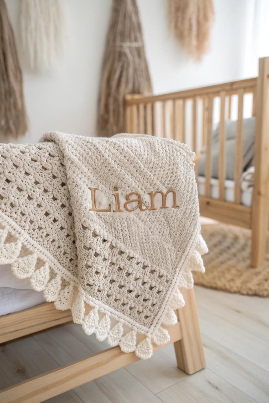 Transform a baby blanket into a cherished keepsake with a personalized crochet name edge, blending Scandinavian simplicity with Boho charm.