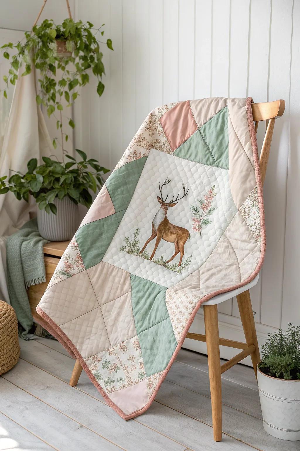 Wrap your memories in warmth with a handcrafted deer panel quilt, blending nostalgia with minimalist beauty.