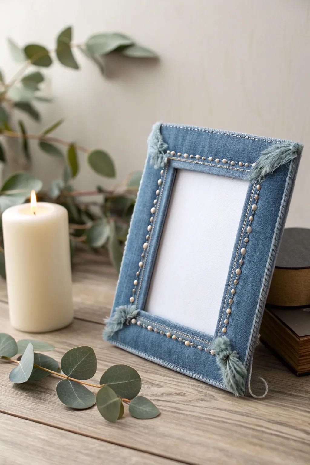 Embrace cozy elegance with denim-embellished frames that add a personal touch to any space.