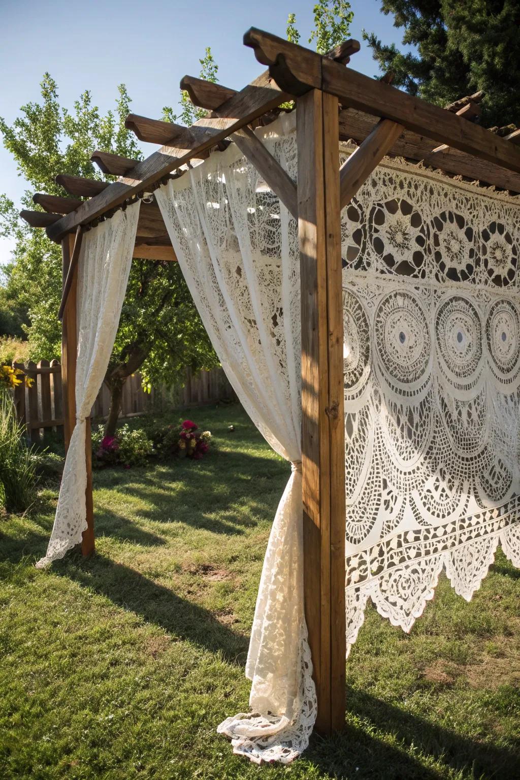 Transform your backyard with a touch of vintage elegance — a lace canopy that whispers nostalgia.