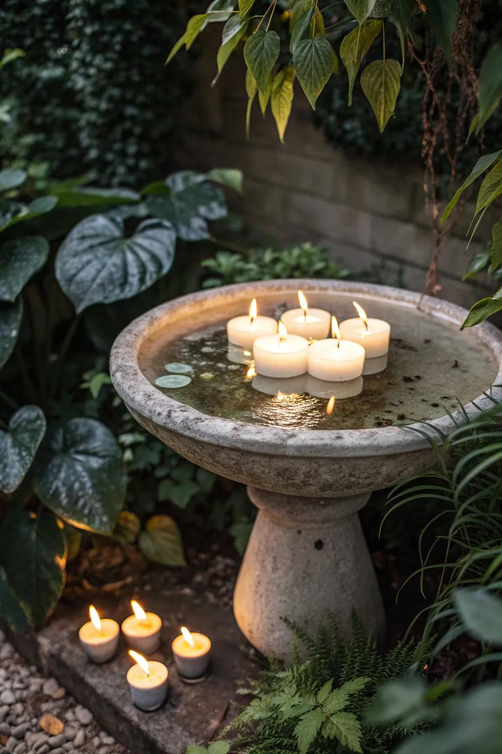 Transform your garden into a serene oasis with a romantic floating candle bird bath.