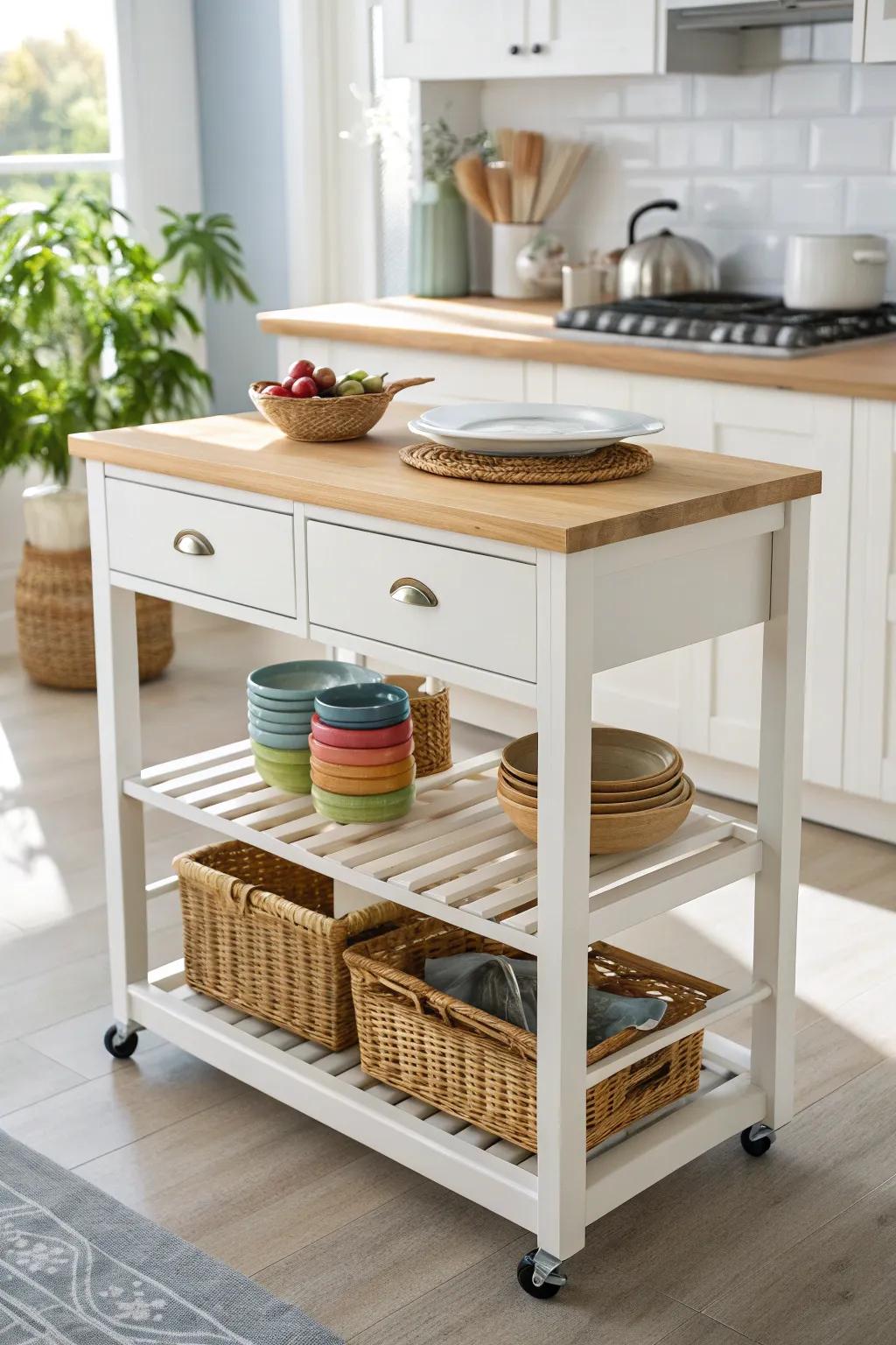 Elevate your kitchen with this versatile rolling island – where Scandinavian simplicity meets Boho charm.