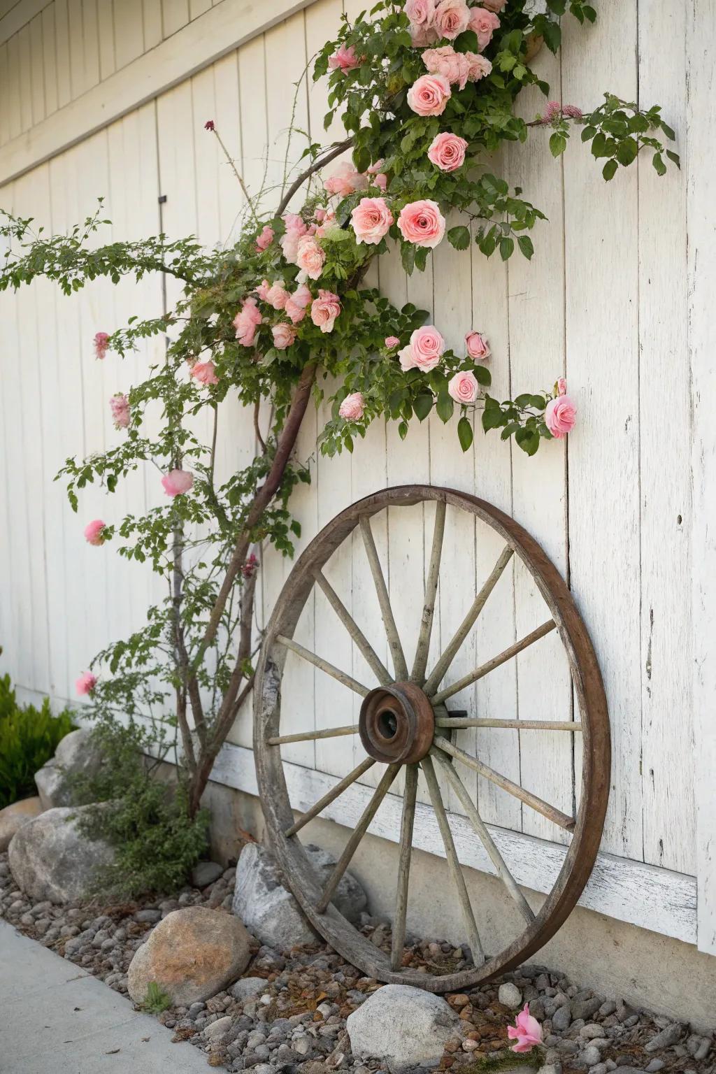 Transform rustic charm into garden elegance with a wagon wheel trellis.