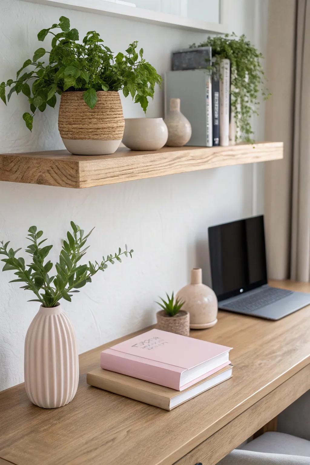 Elevate your workspace with a chic floating shelf – the perfect blend of Scandinavian and Boho design.