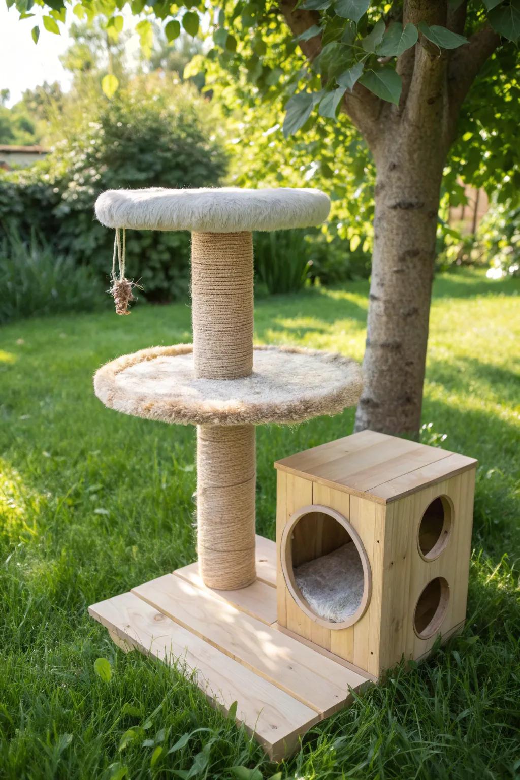 Create a cozy tube and carpet wonderland for your feline friends with this minimalist DIY cat tree.
