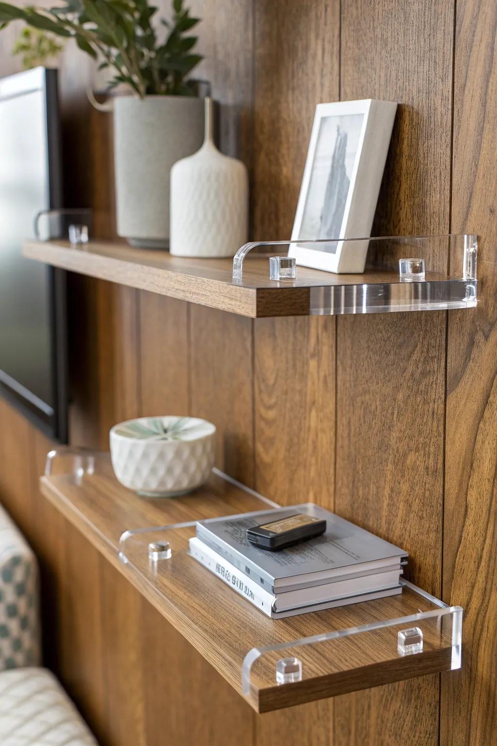 Elevate your space with sleek acrylic brackets for a modern, unobtrusive shelf design.