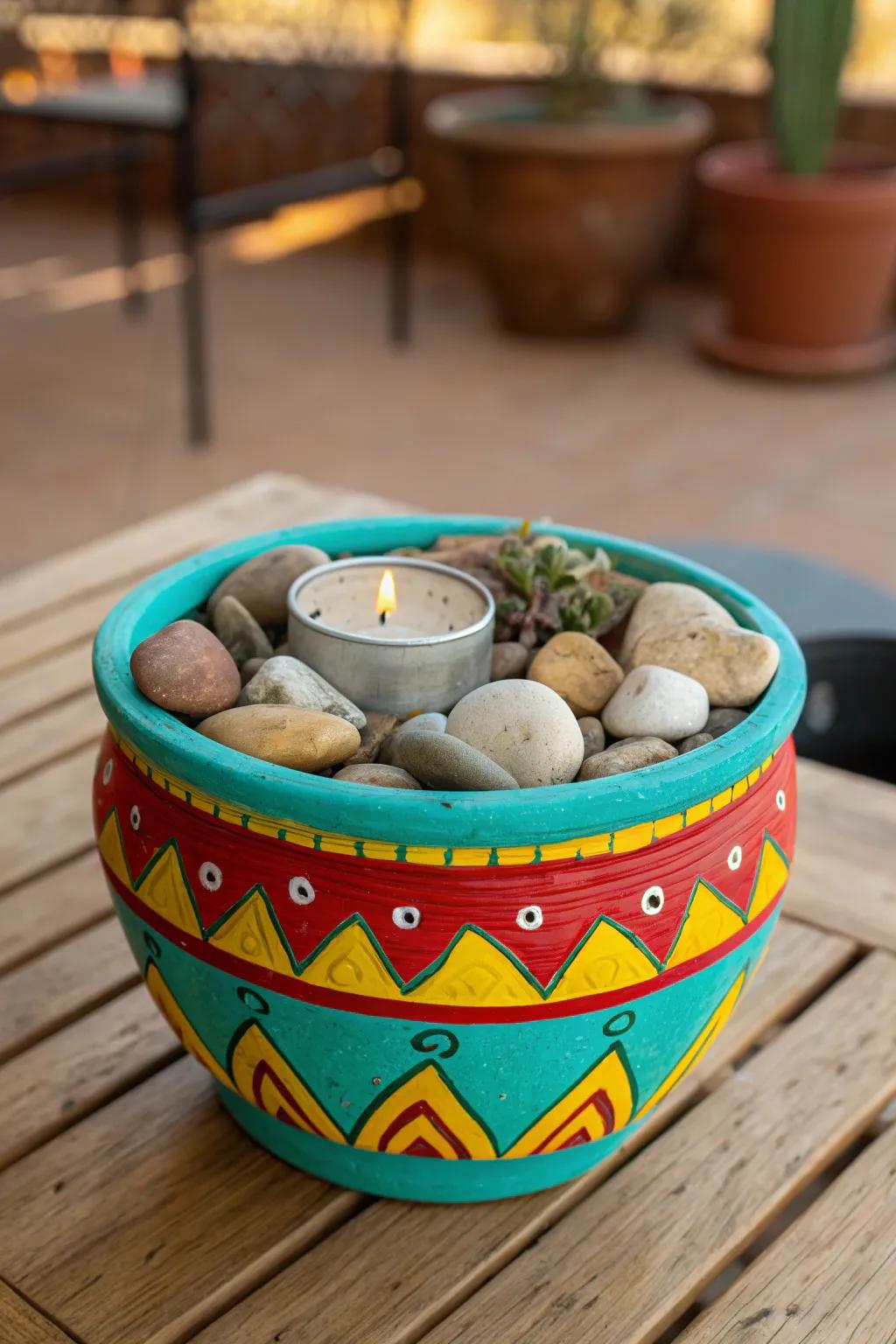 Bring vibrant warmth to your outdoor space with this handcrafted clay pot fire pit.
